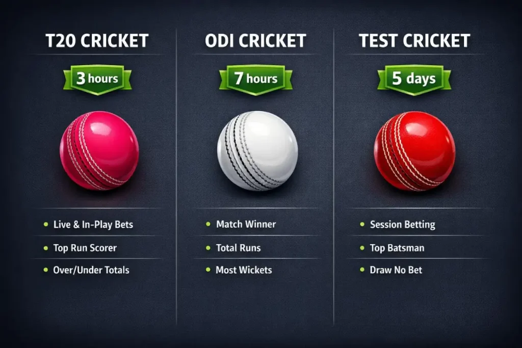 Cricket format comparison for betting on Lotus365ID.org — T20 vs ODI vs Test